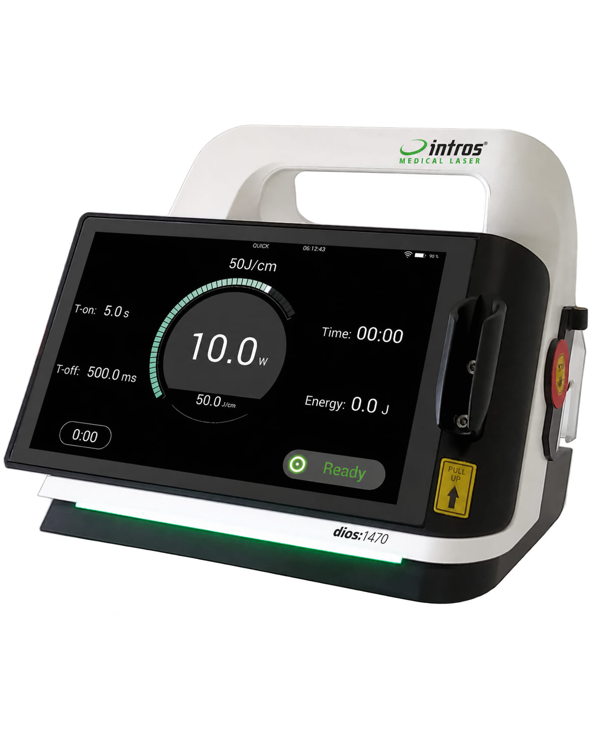 Lasersystem dios:1470 von intros: Tischgerät mit Touchscreen-Bedienfeld und Faseranschluss